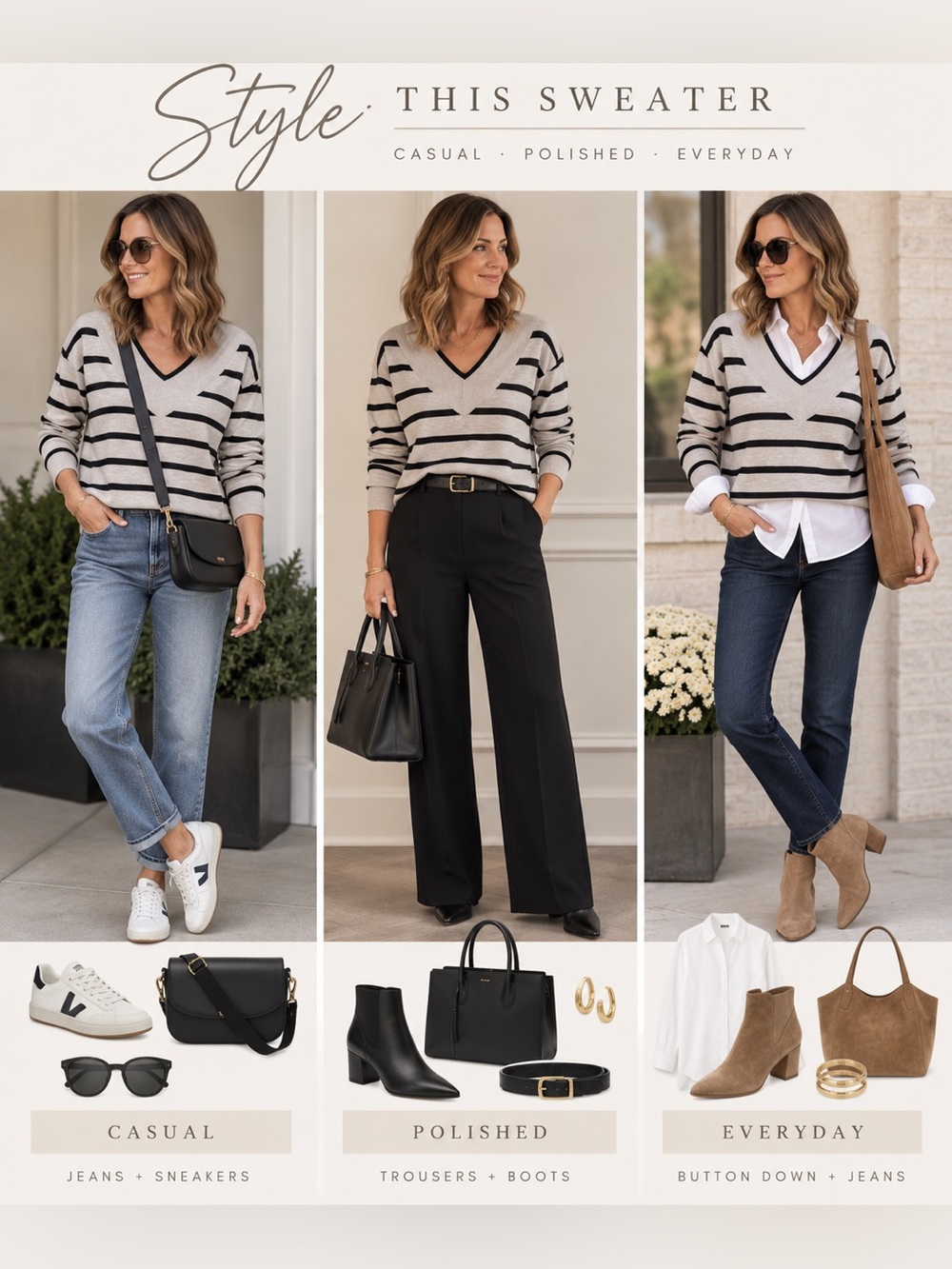 Rafaella Beige and Black Striped V-Neck Sweater nwt viscose